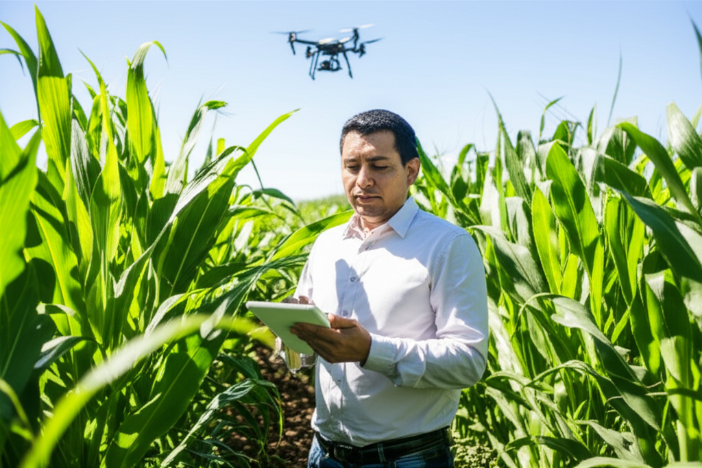 Agricultor usando tecnología en cultivos