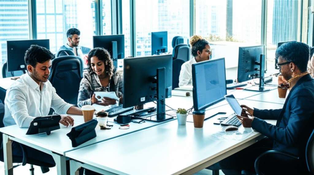 Equipo profesional trabajando en oficina moderna